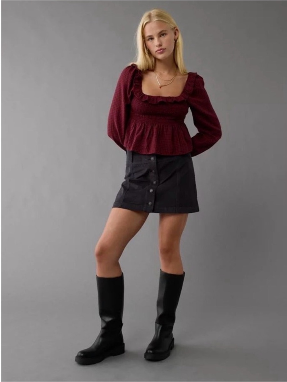 NWT American Eagle Square Neck Ruffle Plaid Top | Red | XS